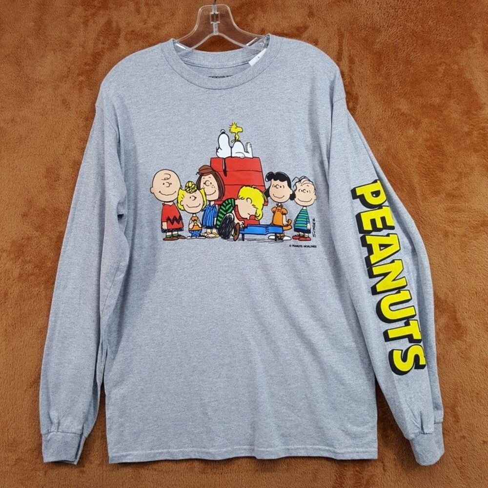 PEANUTS Shirt Mens Medium Grey Pullover Graphic T-Shirt Snoopy Long Sleeve Tee